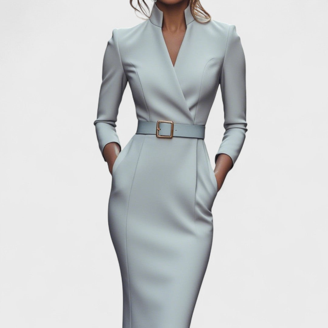 Mandarin | Elegant Black Dress with Belt and Mandarin Collar