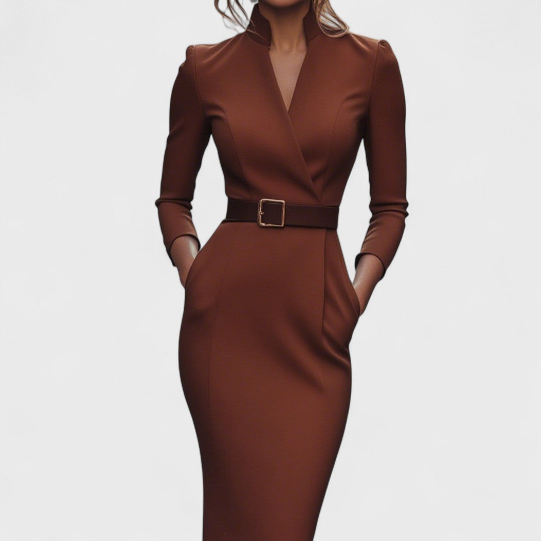 Mandarin | Elegant Black Dress with Belt and Mandarin Collar