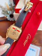 SANTOS LADY 35MM QUARTZ 35MM GOLD CASE DIAMOND BEZEL LEATHER