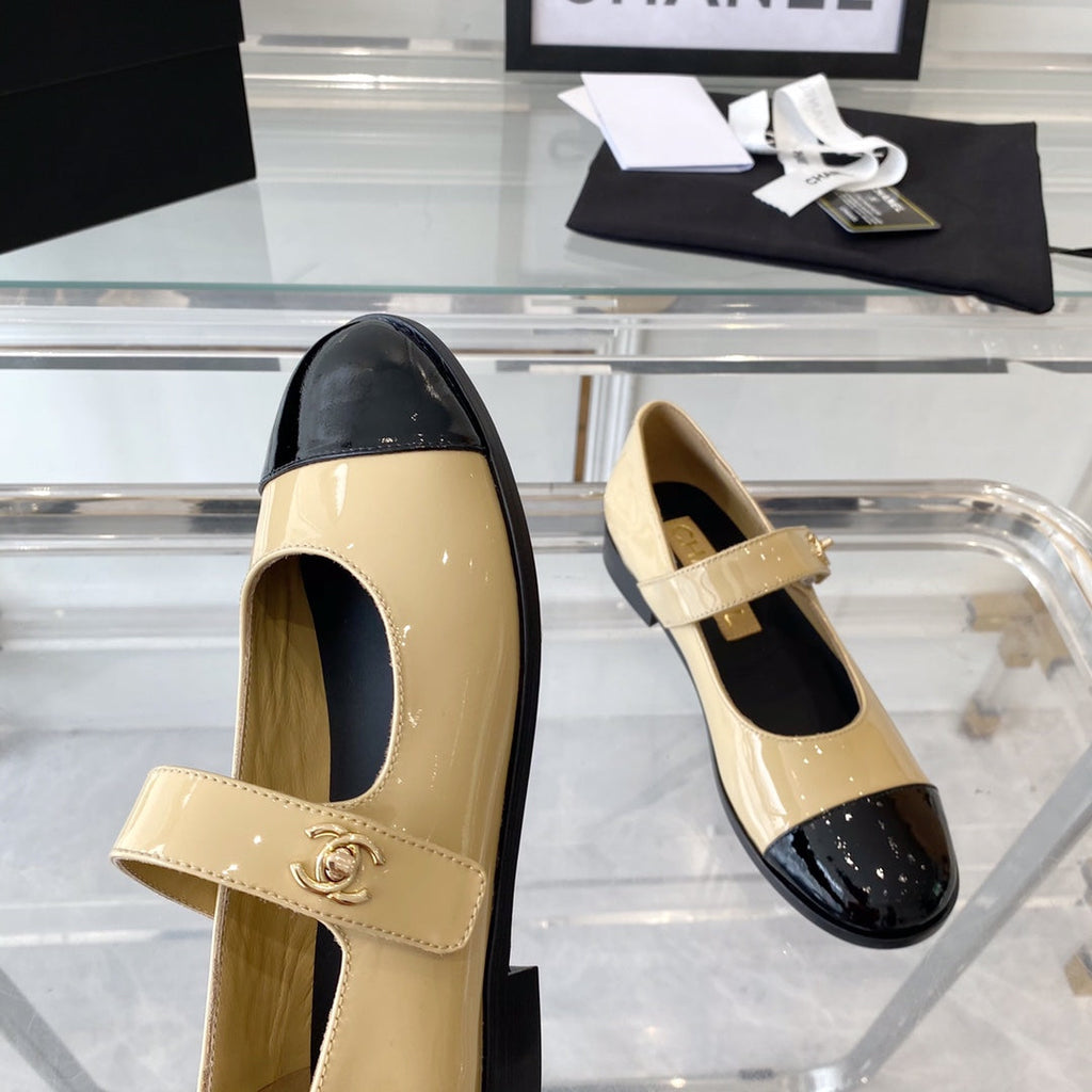 mary janes beige black patent calfskin