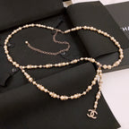 CHANEL Faux Pearl Chain Fancy Belt Gold Interlocking