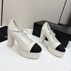 Chanel 25 Platform Thick Heel Shoe White Black Sheepskin
