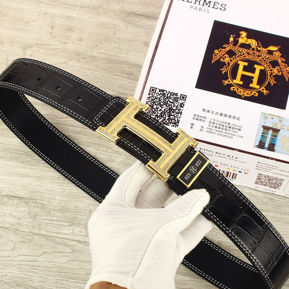 HM Original Belt 38mm Black Crocodile Pattern Gold Buckle 620264