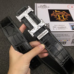 HM Belt 38mm Black Crocodile Leather Sliver Buckle 619362