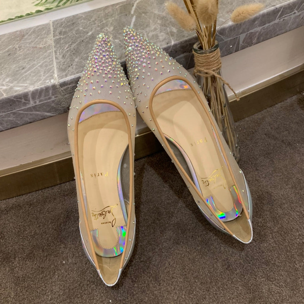 CL Follies Strass Flats Mesh and Patent Leather Silver