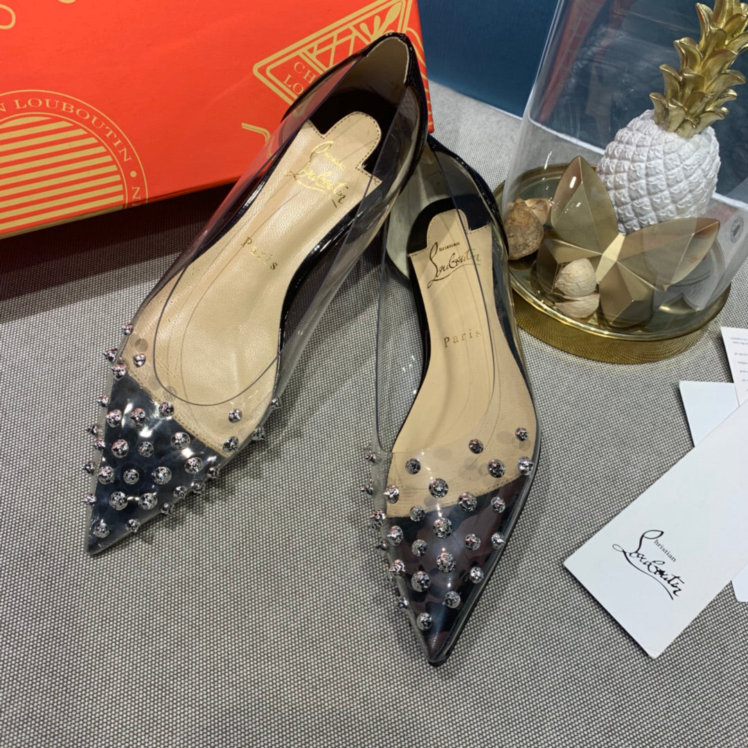 CL Collaclou Spike Clear Flat Embellished Pvc and Patent Leather Black