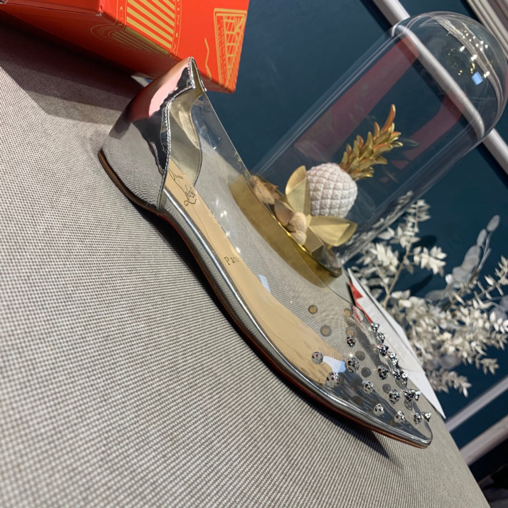 CL Collaclou Spike Clear Flat Embellished Pvc and Metallic Leather Silver