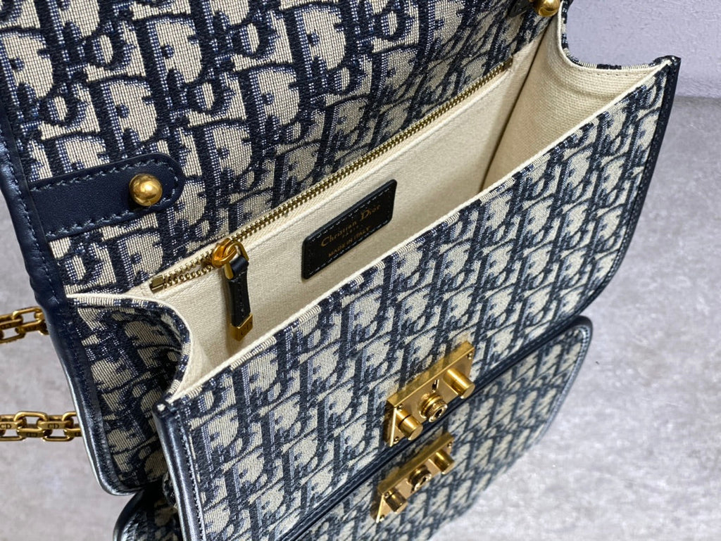 CD embroidered chain bag 24 dark blue leather cotton