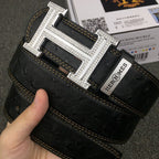 HM Belt 38mm Black Cowhide Leather Sliver Diamond Buckle 619512