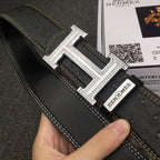 HM Belt 38mm Black Cowhide Leather Sliver Diamond Buckle 619512