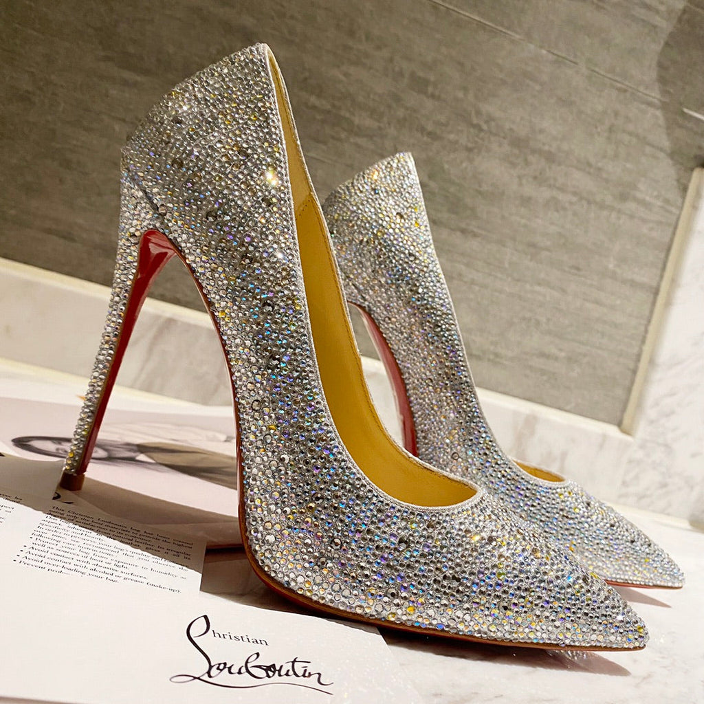 CL Kate Strass Degrade Pumps 100mm Suede Silver
