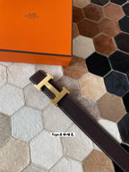 HM CONSTANCE BELT BUCKLE & REVERSIBLE CHOCOLATE BROWN LEATHER STRAP 38MM GOLD HARDWARE