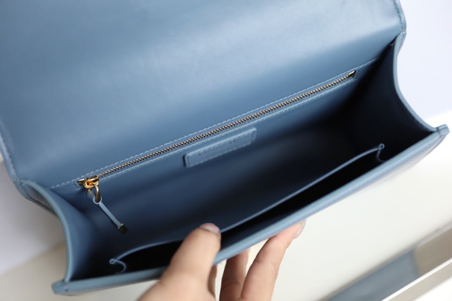 CD Momtaigne Enamel Polished Bag Sky Blue Calfskin