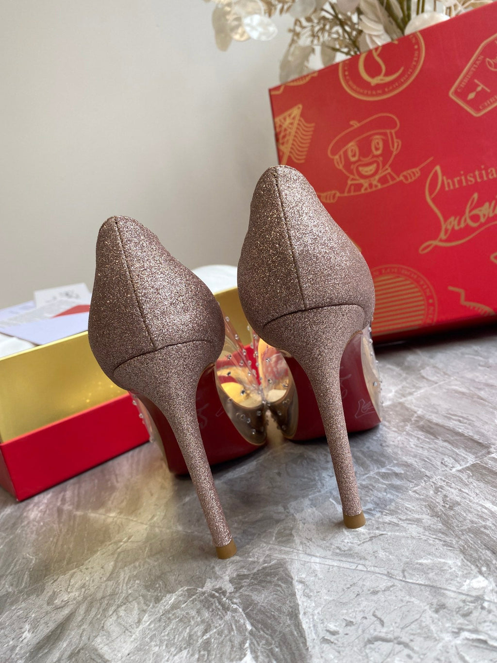 CL Very Strass Peep Toe Pumps 100mm PVC and Glitter Gold
