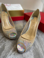 CL Very Strass Peep Toe Pumps 100mm Mesh and Leather Silver