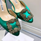 Manolo Buckle Slingback 7cm Green Silk 208029