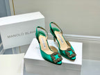 Manolo Buckle Slingback 7cm Green Silk 208029