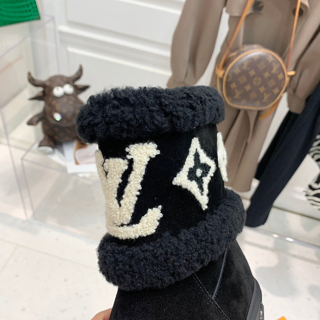 LV Snowdrop Flat Ankle Boot Black Monogram White Suede