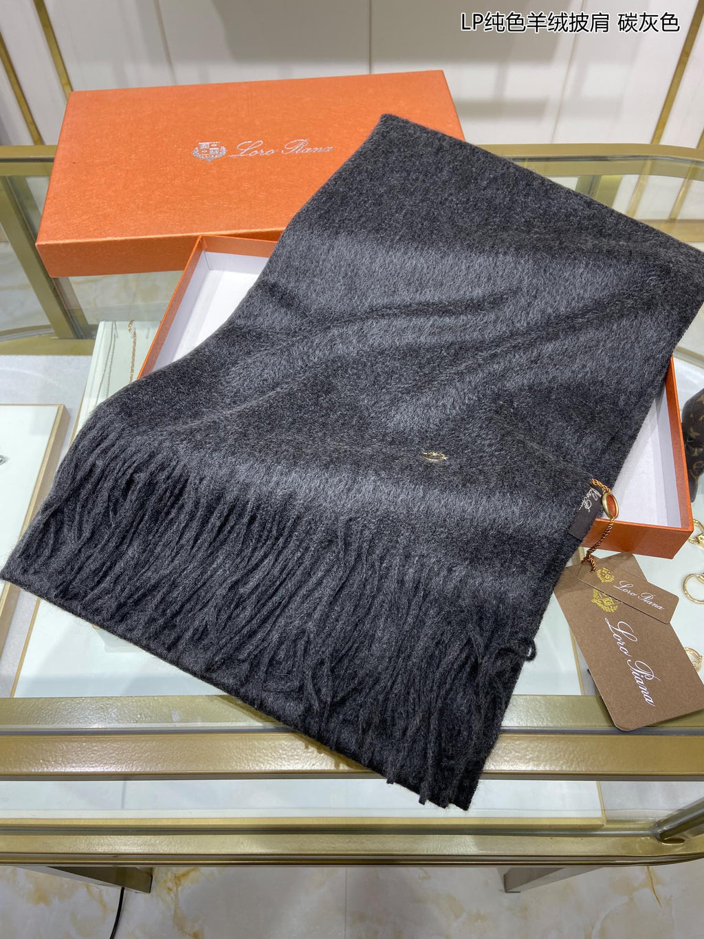 LP Grande Unita Scarf 200 CM In Black Grey Cashmere 645516