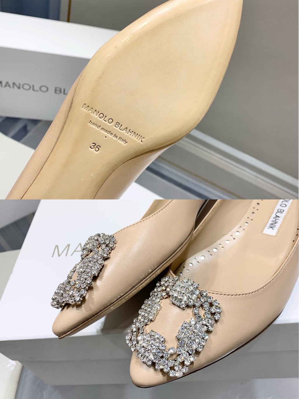 Manolo Snowflake Buckle Pumps Beige Cowhide 204509