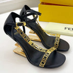 FENDI HIGH-HEELED 85 MM SANDALS IN BLACK LAMBSKIN WITH GOLD HARDWARE