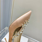 Manolo Wheat Ear Rhinestone High Heels Pumps Pink Nude Silk Fabric 327451