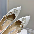 Manolo Wheat Ear Rhinestone High Heels Pumps White Silk Fabric 327453