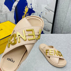 FENDI GRAPHY LOGO LETTERING SLIDES IN BEIGE LAMBSKIN WITH GOLD HARDWARE