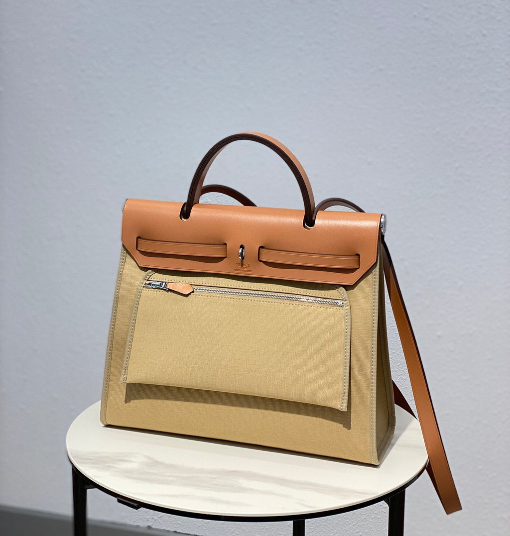 Herbag 31 Toile Beige Canvas Gold Cowhide Leather