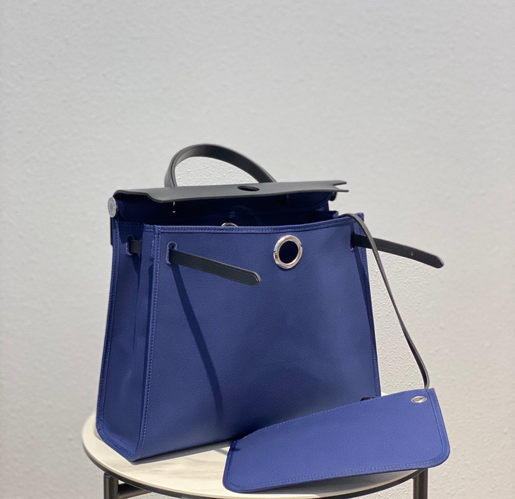 Herbag 31 Toile Blue Canvas Black Cowhide Leather