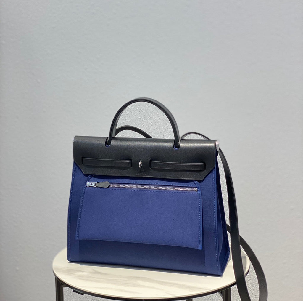 Herbag 31 Toile Blue Canvas Black Cowhide Leather