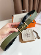 JUMBO BELT GOLD BUCKLE & REVERSIBLE OLIVE GREEN AND BLACK LEATHER STRAP 32MM