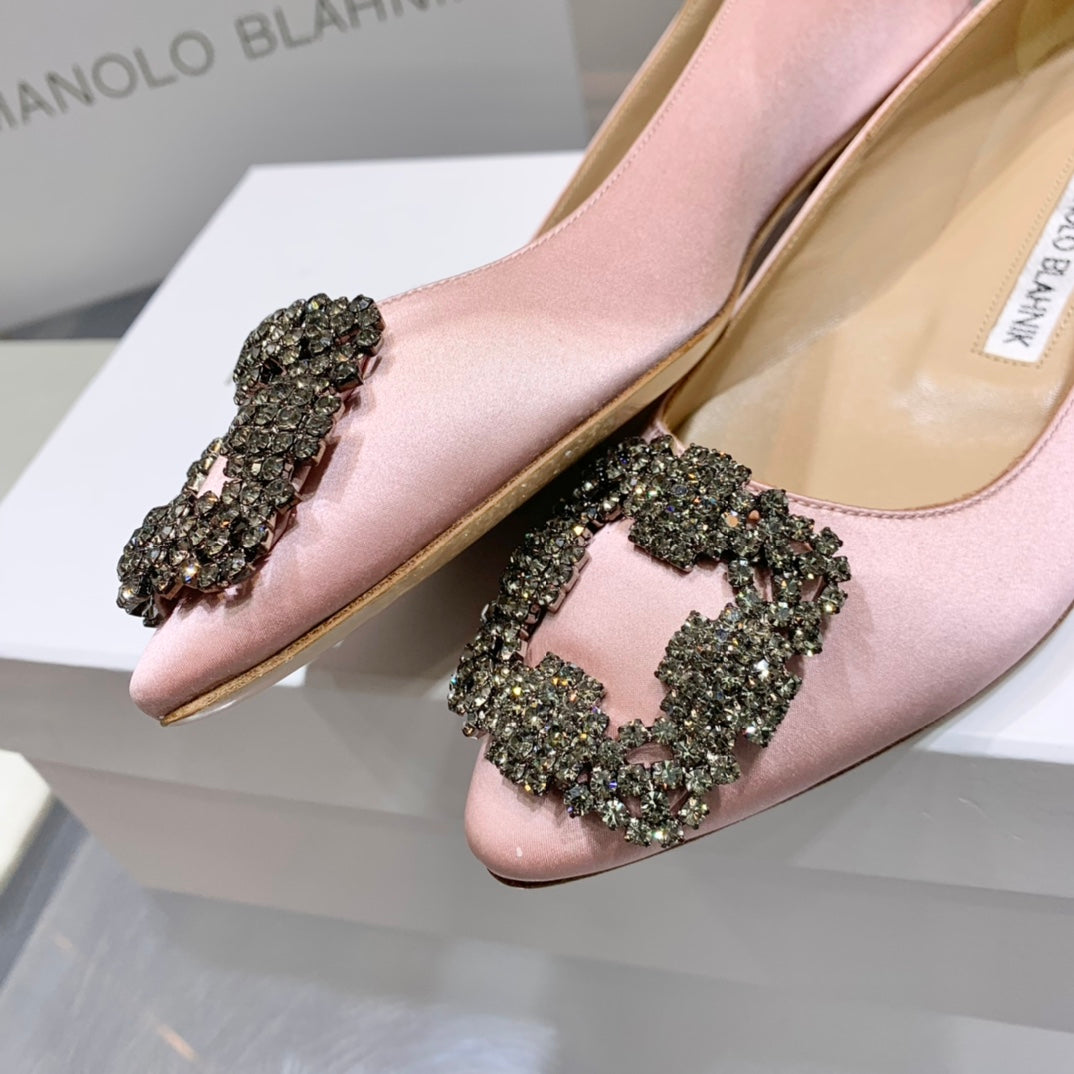 Manolo Diamond Buckle Pumps Light Pink Silk 327504