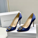 Manolo Diamond Buckle Pumps 10cm Navy Blue Silk 327497