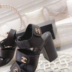 CC 25C Three Strap Sandal High Heel Black Sheepskin 213350