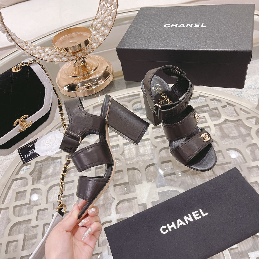 CC 25C Three Strap Sandal High Heel Black Sheepskin 213350