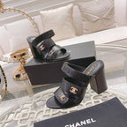 CC 25C Three Strap Sandal Mule High Heel Black Sheepskin 213348