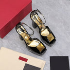 Open Toe Pump With One Stud Gold Patent Black Leather 130MM
