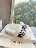 CD 25  Flat Slippers White Black Wool 395565