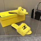FENDI BAGUETTE MINK SLIDE SLIPPER IN BRIGHT YELLOW FUR