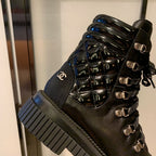 CC Combat Boots 50mm In Black Glossy Calfskin Quilted And Lycra Fabric 940073