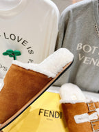 FENDI DAD SANDAL MULE IN BRONZE BROWN SUEDE WITH WHITE FLEECE