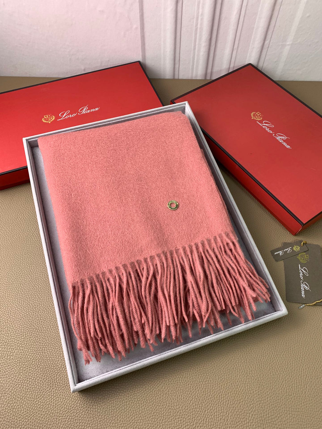 LP Grande Unita Scarf 200 CM In Salmon Pink Wool Cashmere 378393