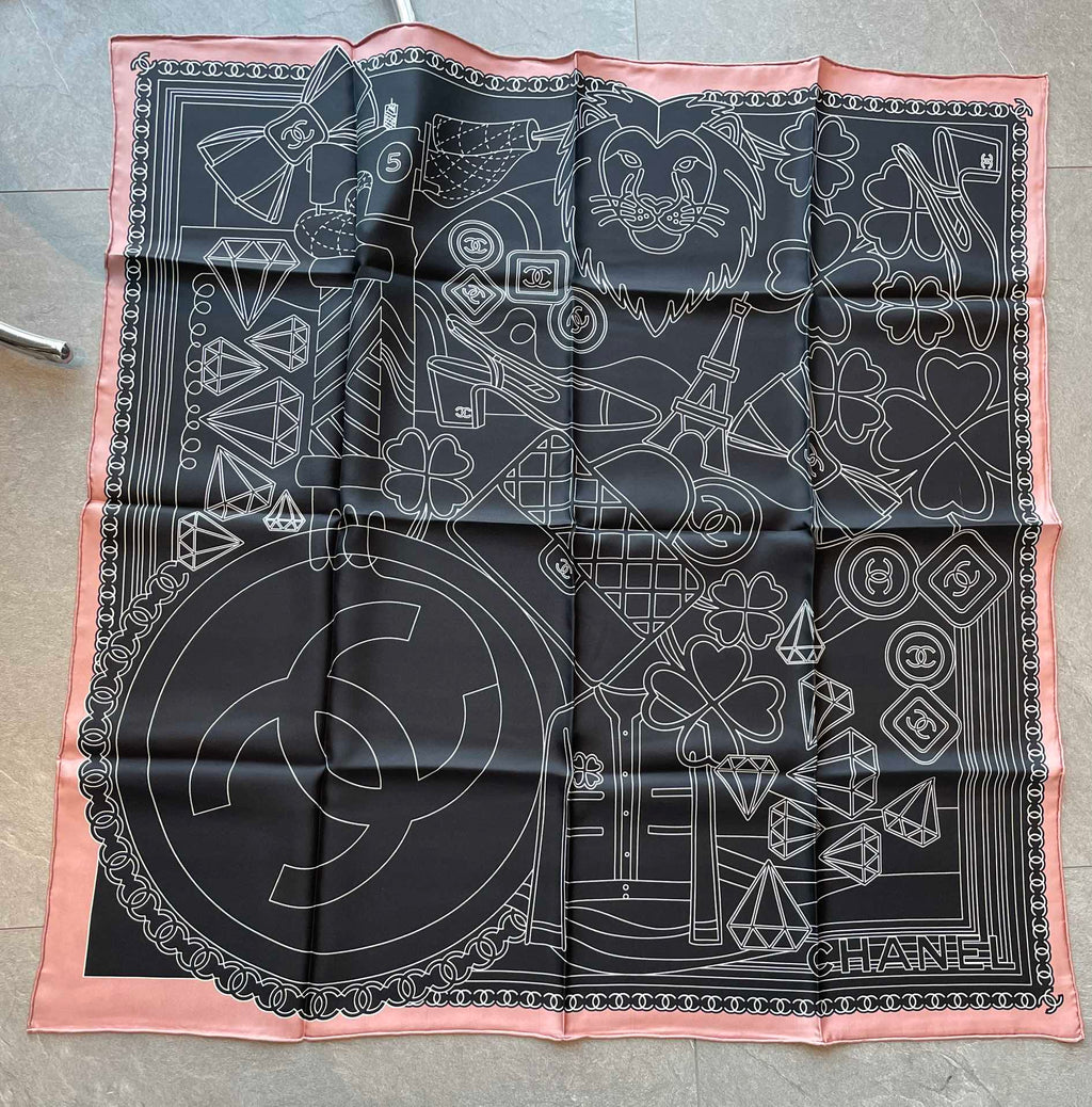 CC Square Scarf 90 CM In Black Mix White Pink Cashmere Silk 288707