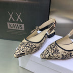JAdior Slingback Flat Black Embroidered Cotton with Gold-Tone Metallic Thread