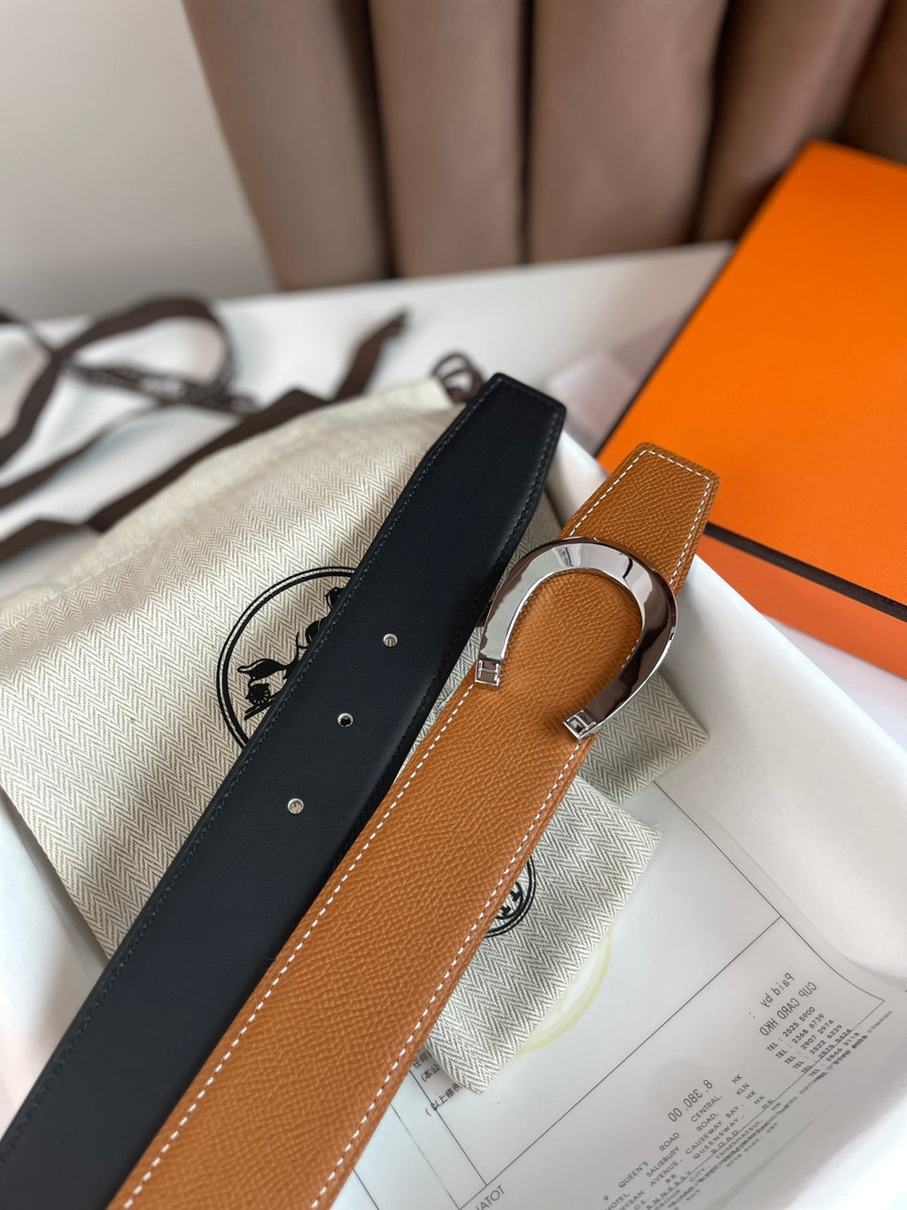 LUCK BELT BUCKLE & REVERSIBLE GINGER ORANGE AND BLACK LEATHER STRAP 38MM SILVER HARDWARE