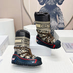 CD Platform Snow Boots Black Beige Cowhide Nylon Fabric 539655
