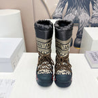CD Platform Snow Boots Black Beige Cowhide Nylon Fabric 539655