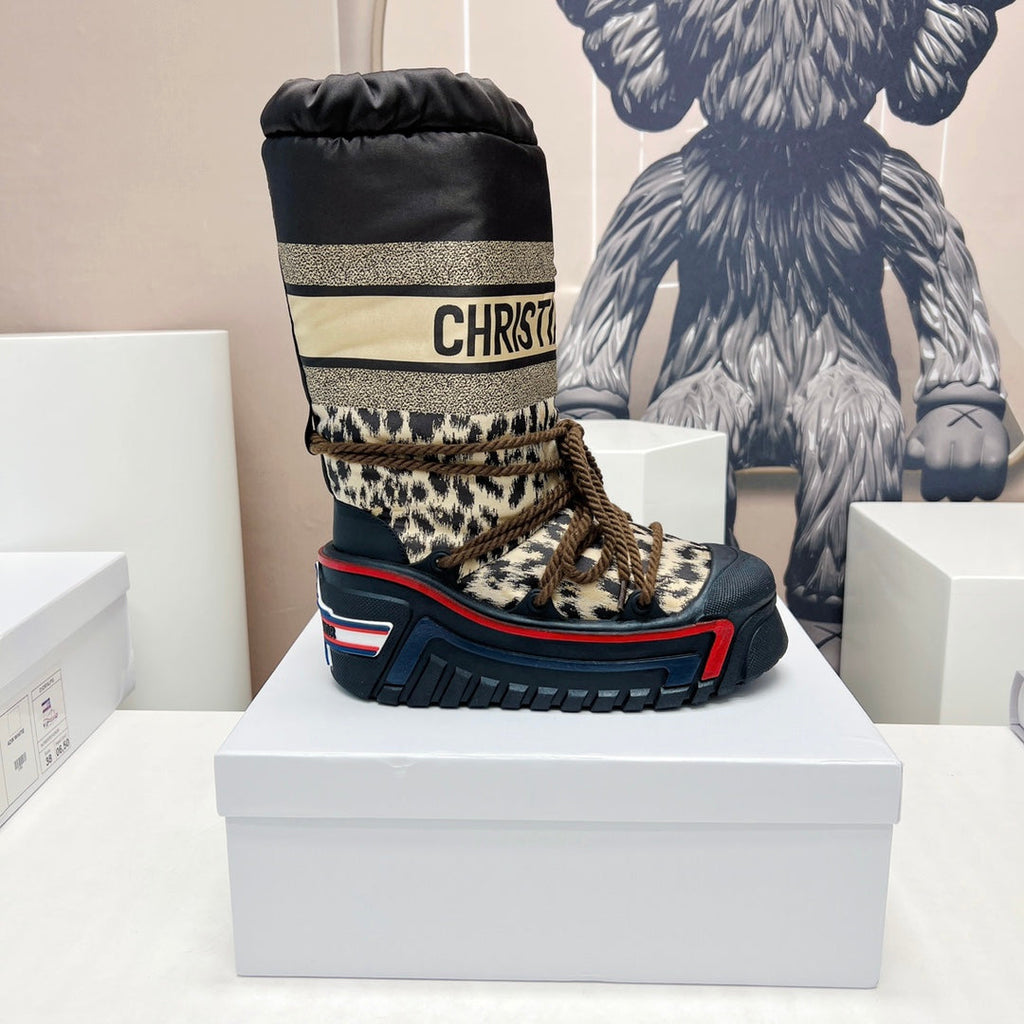 CD Platform Snow Boots Black Beige Cowhide Nylon Fabric 539655