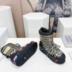 CD Snow Ankle Boots Black Beige Cowhide Nylon Fabric 539662